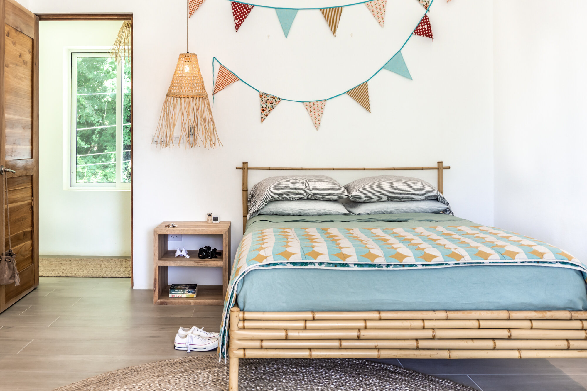 Bean bag chairs beneath handmade bunting